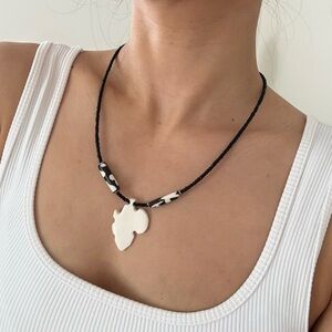 African Black Beaded Map Shape Bone Pendant Necklace